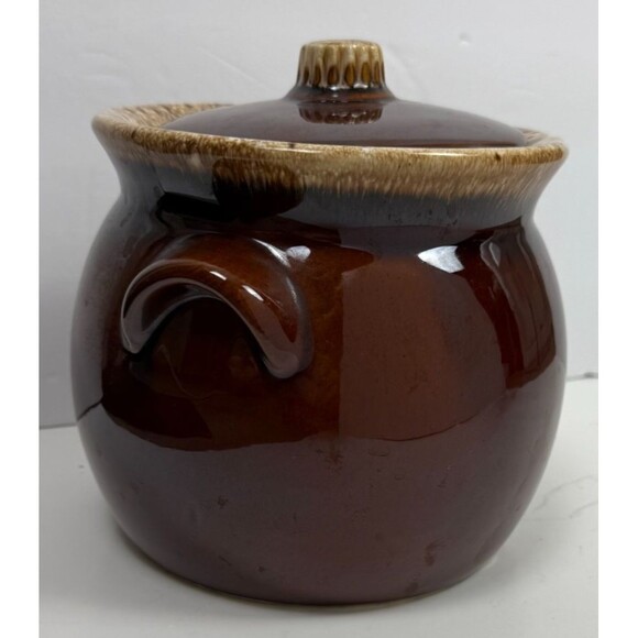 Hull Pottery Vintage Drip Brown Bean Pot Lid Oven Proof Crock USA Made Glaze Jar - Picture 10 of 16
